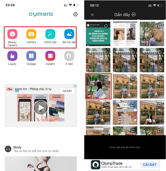 cach su dung app Cymera